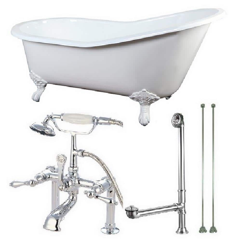 Slipper 5 ft. Cast Iron Clawfoot Bathtub in White with Faucet Combo in Whit