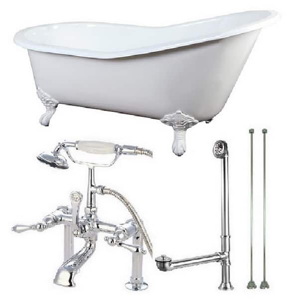 Aqua Eden Slipper 62 in. Cast Iron Clawfoot Bathtub in White with Faucet Combo in White Feet