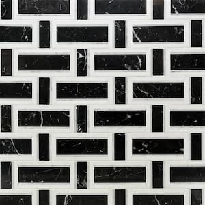 Mingle Nero White Carrara and Thassos Interlocking 12 7/8 in. x 12 3/4 in. Marble Mosaic Tile (1.14 sq. ft.)