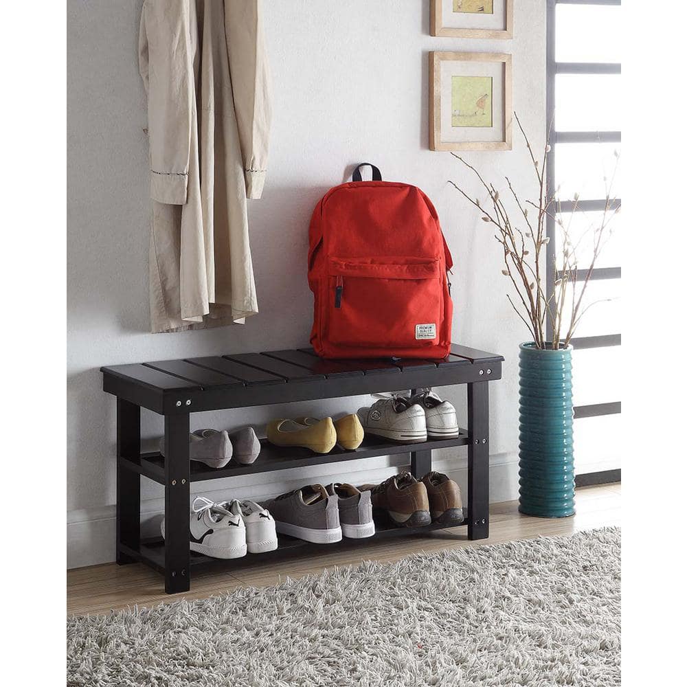 Black Wood Utility Bench with Storage Shelves