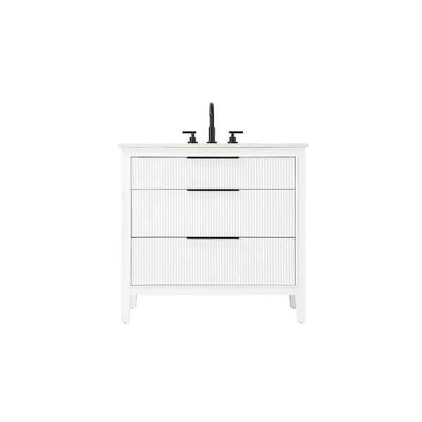 36 in. Single Sink Freestanding White Bath Vanity with Marble White Engineered Marble Top
