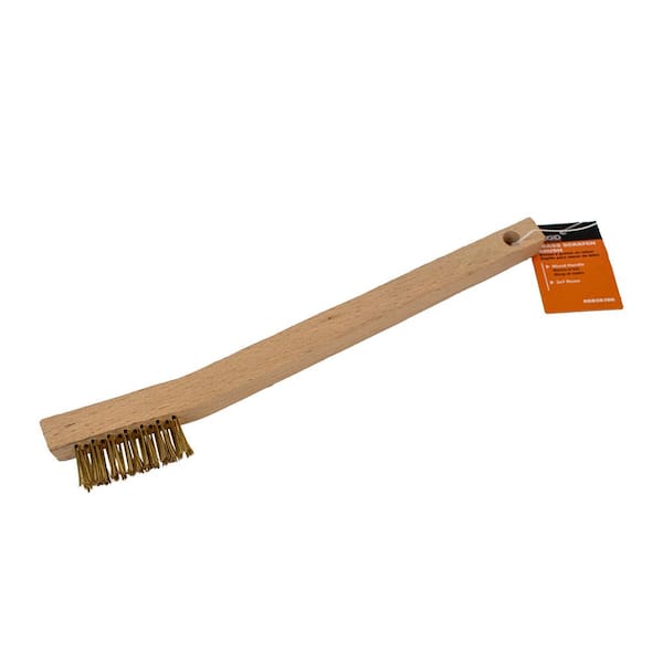 RIDGID Brass Scratch Brush with Curved Wooden Handle, 3 x 7 Brass Bristle Rows