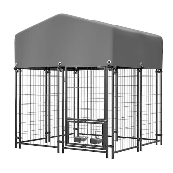 4 ft. W x 4 ft. D Outdoor Dog Cage Dog Kennel Pet Fence with Cover and Rotating Feeding Door