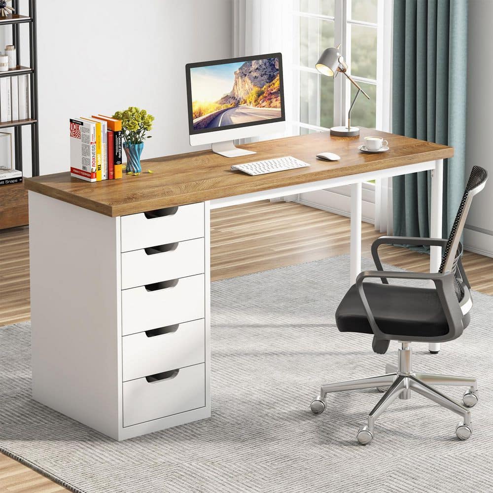 Havrvin 47 in. Rectangular Light Brown & White 5-Drawer Computer Desk for Home Office price history on PriceWatchPro