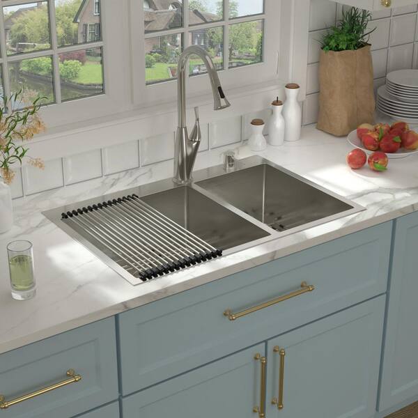 16-Gauge Stainless Steel 33 in. Double Bowl 60/40 Drop-In Kitchen Sink with Strainer and Bottom Grid