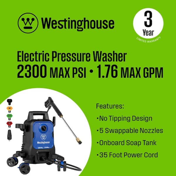 2300 PSI 1.76 GPM Cold Water Electric Powered Pressure Washer with Anti-Tipping Technology and 5 Quick Connect Tips