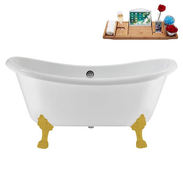 Streamline 59 in. x 28 in. Acrylic Clawfoot Soaking Bathtub in Glossy White with Polished Chrome Drain, Brushed Gold Clawfeet