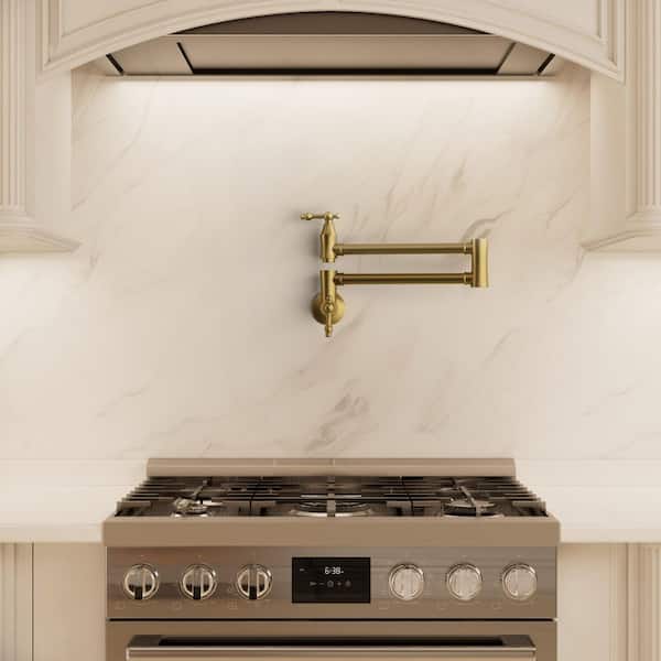 Wall Mount Retractable 360° Swivel Pot Filler Kitchen Faucet Dual Handle 1.8 GPM in Brushed Gold