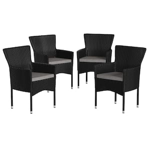 Black Wicker/Rattan Outdoor Lounge Chair in Gray (Set of 4)