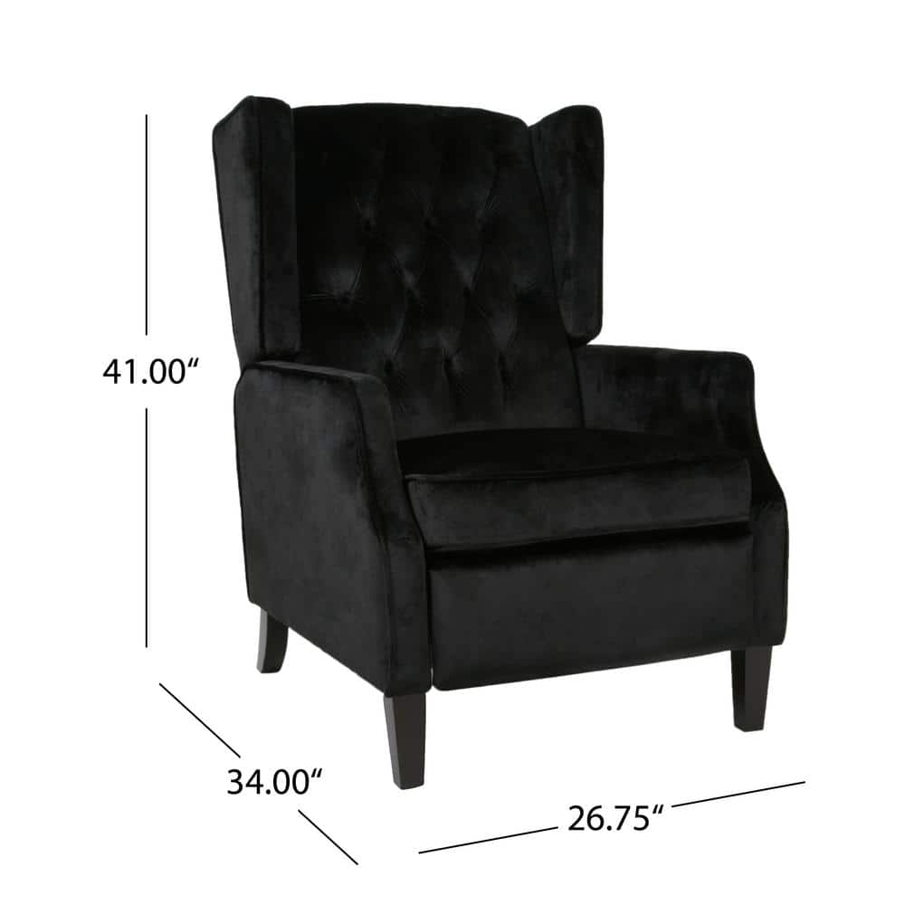 Handcrafted Black Velvet Wingback Recliner with Wood Legs