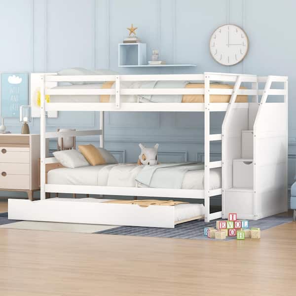 Polibi White  Full-Over-Full Bunk Bed with Twin Size Trundle and 3 Storage Stairs