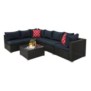 7-Piece PE Rattan Wicker Outdoor Garden Patio Sectional Set with Blue Cushions and Coffee Table