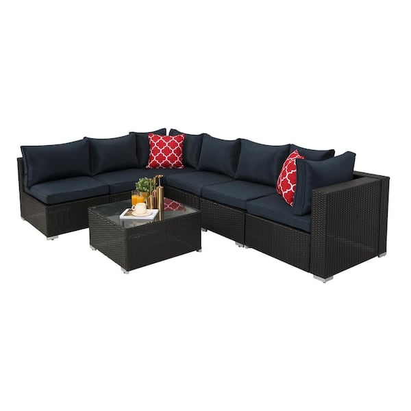 Unbranded 7-Piece PE Rattan Wicker Outdoor Garden Patio Sectional Set with Blue Cushions and Coffee Table