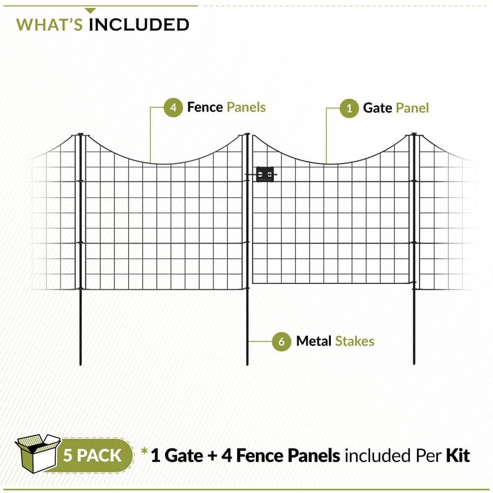 25in H Black Metal No Dig Garden Fence Panels with Gate