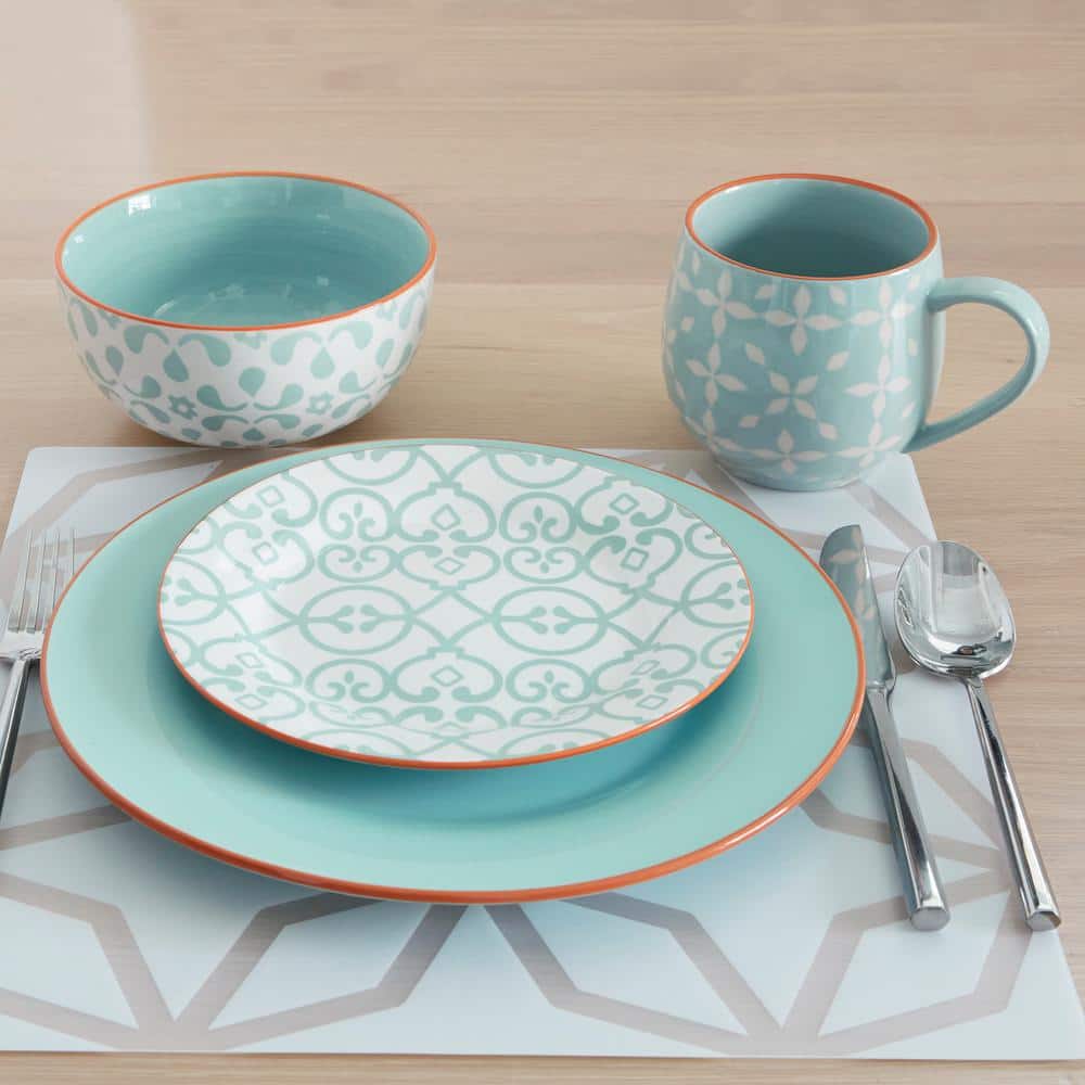 Mint and White Geometric Stoneware 16-Piece Dinnerware Set