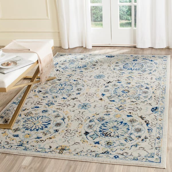 Evoke Ivory/Blue Doormat 2 ft. x 4 ft. Floral Border Circles Area Rug