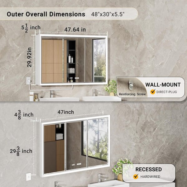 Anglora 48 in. W x 30 in. H LED Beveled Edge Rectangular Aluminum Recessed/Surface Wall Medicine Cabinet with Mirror