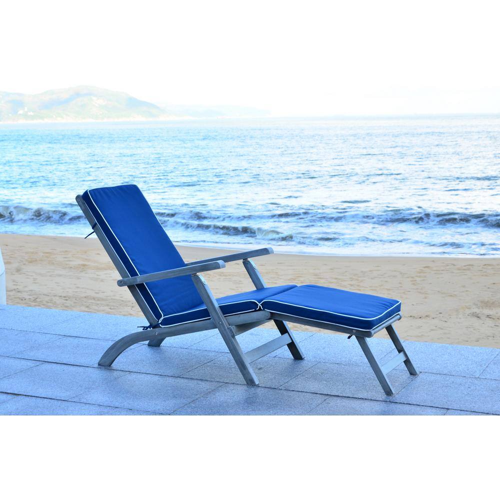 Elegant Oceanliner Inspired Acacia Wood Lounge Chair with Navy Cushion