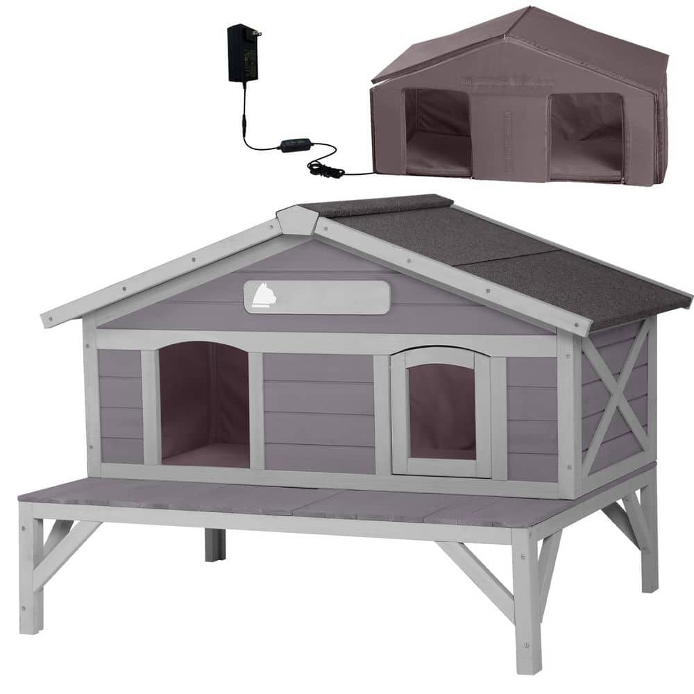 Wooden Heated Cat House with Insulation, Outdoor Cat Shelter with Heating P