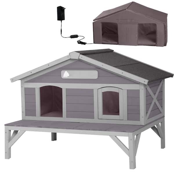 aivituvin Wooden Heated Cat House with Insulation, Outdoor Cat Shelter with Heating Pad, Outside Waterproof Feral Cat House
