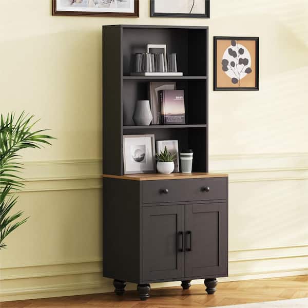 63 in. H Black Pantry Organizer with Adjustable Shelve and Drawer Open Countertop Kitchen Hutch Modern 5-Tier Bookshelf