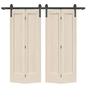 60 in. x 80 in. Hollow Core 1-Panel Shaker Beige Painted Composite Double Bi-Fold Barn Door with Sliding Hardware Kit