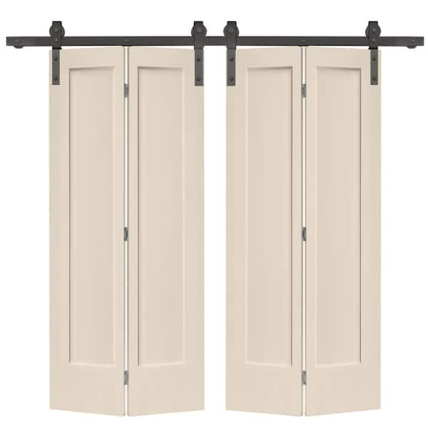 CALHOME 72 in. x 80 in. Hollow Core 1-Panel Beige MDF Composite Double Bi-Fold Barn Doors with Sliding Hardware Kit