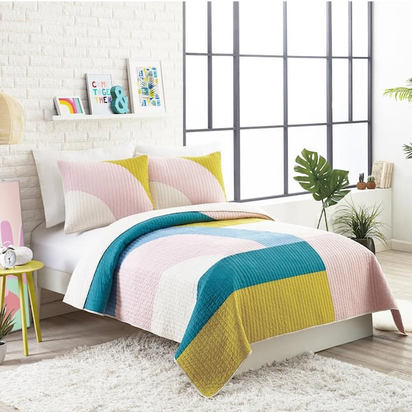 MAKERS COLLECTIVE MODSHAPES PINK FULL QUEEN COTTON QUILT SET 3 PIECE BY AMPERSAND