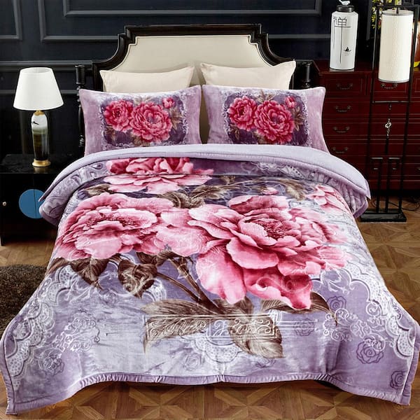 3-Pieces Poney Floral Sherpa Fleece Blanket Set 79 in. x 91 in. with 2-Pillow Sham 20 in. x 30 in.