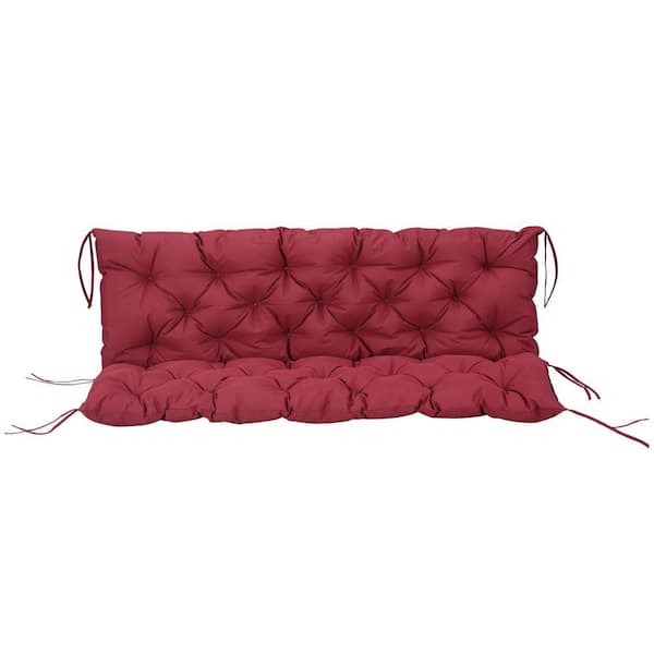 Outdoor 3-Seater Tufted Bench Cushion-Wine Red for Swing Chair/Patio Sofa, Tie-On Design with 3.25" Thick Foam