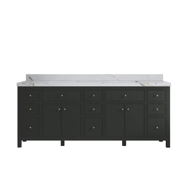 Willow Collections Sonoma 84 in. Double Sink Freestanding Black Top Bath Vanity with Calacatta Gold Qt. Top Unassembled