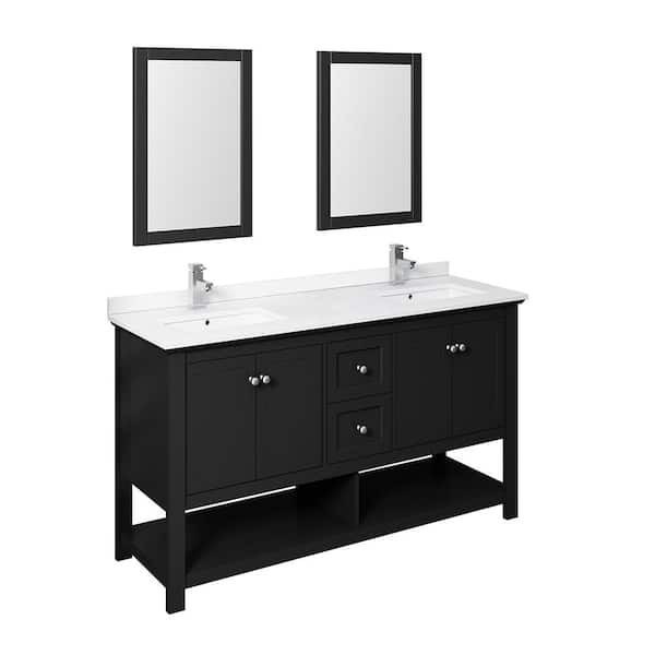 Fresca Manchester 60 in. Double Sink Shaker-Style Black Bath Vanity with White Quartz Top, Integrated Sink and Mirror