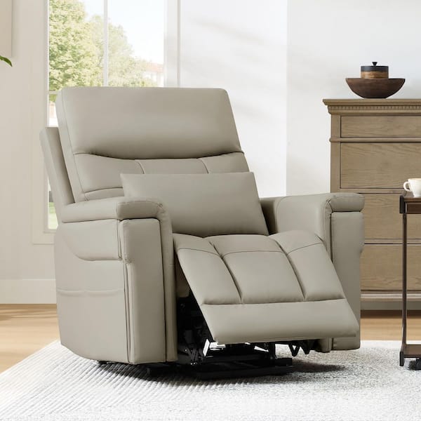 Grant Grey Leather Lift Dual Motors Recliner with Heat and Massage, Power Headrest, Pockets and Cup Holder for Elderly