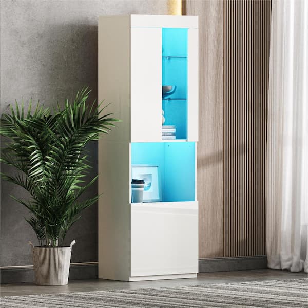 High Gloss White 67 in. H Storage Cabinet with LED Lights, Acrylic Door and Tempered Glass Shelves