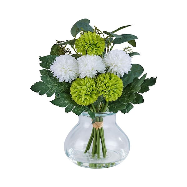 Faux Series 13 in. Green Indoor Artificial Silk Button Mums Bouquets with Stems for Home Table Decor in Glass Vase