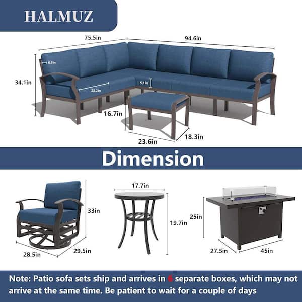 10-Seat Aluminum Patio Conversation Set with Fire Pit Table, Swivel Rocking Chairs, Ottoman and Cushion Navy Blue
