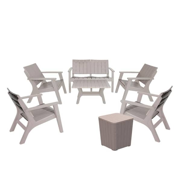 DUKAP Enzo Gray Brushed Wood Look 7-Piece Plastic Patio Conversation Seating Set