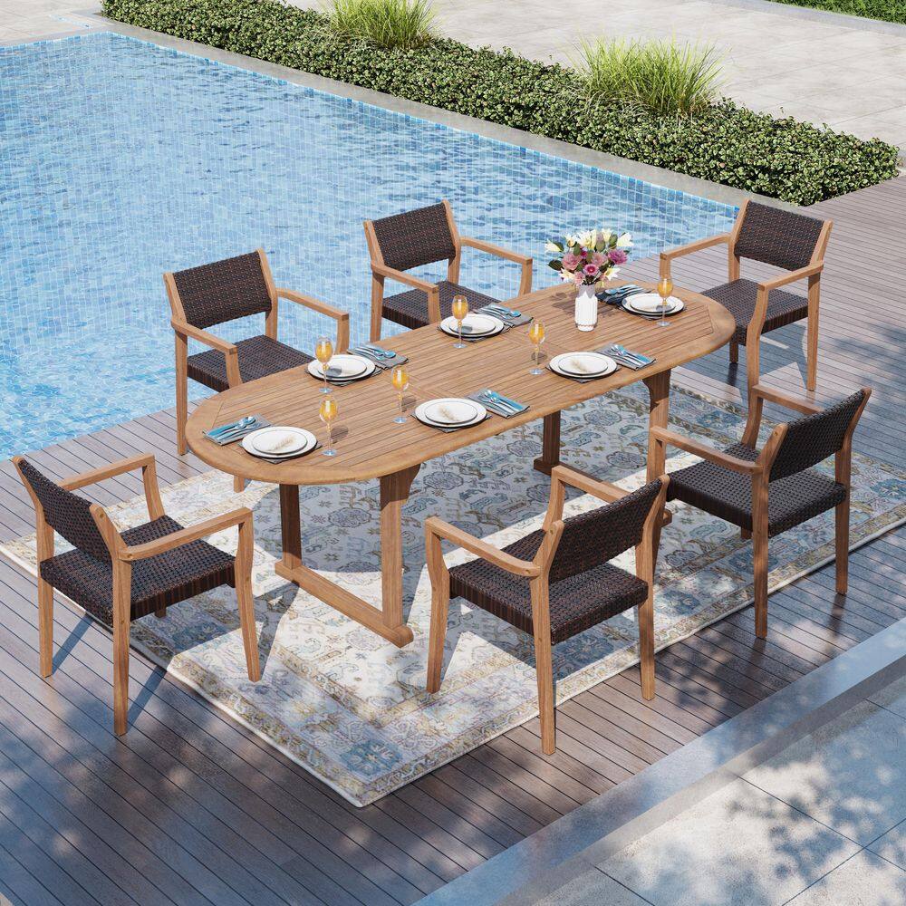 Dark Brown 7-Piece Wood Patio Outdoor Dining Set With Extendable Table and Wood Rattan Chairs