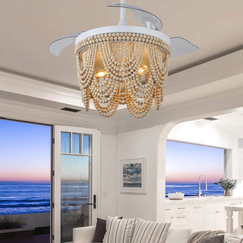 Jenne 42" White Bohemian Ceiling Fan with Beaded Shade and Remote