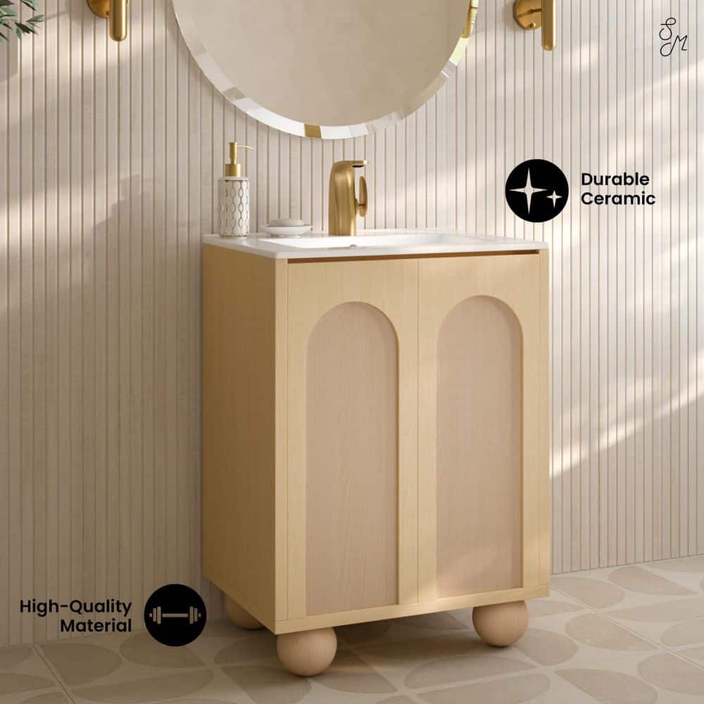 Plaisir II 24" Natural Oak Freestanding Bathroom Vanity with White Ceramic Sink Top