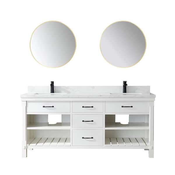 ROSWELL Valencia 72 in. W x 22 in. D x 33.9 in. H Double Sink Bath Vanity in White with White Stone Countertop and Mirror