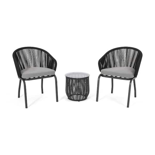 Boynton Black 3-Piece Metal Outdoor Patio Conversation Seating Set with Grey Cushions