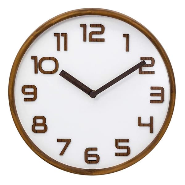 Unbranded 12 in. Brown Analog Round Wood Wall Clock with 3D Arabic Numerals