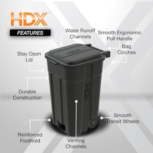 45 Gal. Black Outdoor Vented Trash Can with Wheels, Attached Lid, Rounded Handles, and Reinforced Foothold (2-Pack)