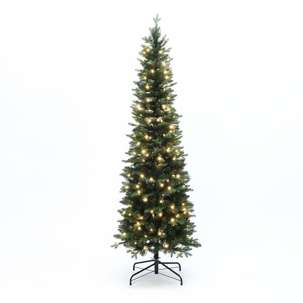 7 ft. PreLit Green Slim Artificial Christmas Tree with Metal Stand