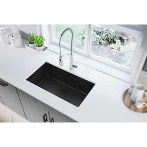 Quartz Classic Undermount Composite 33 in. Single Bowl Kitchen Sink in Black with Drain and Bottom Grid