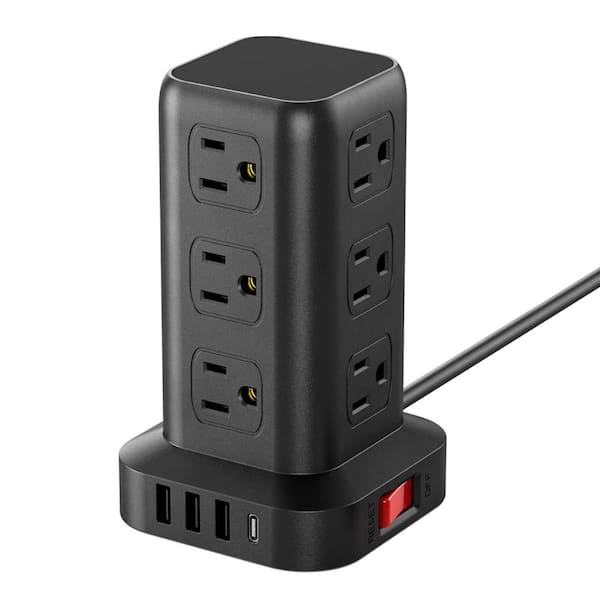 Tower Power Strip Extension Cord with 12 AC Outlets 4 USB Ports Surge Protector 6.5 ft. Overload Protection