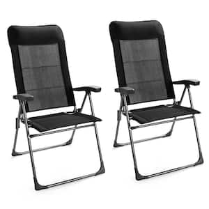 Black Metal Padded Sling Folding Outdoor Patio Dining Chair with Headrests Adjust (2-Pack)