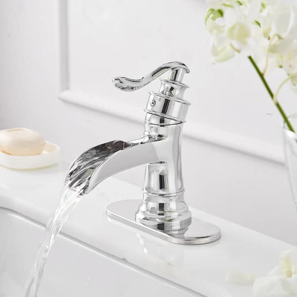 Waterfall Single Hole Single-Handle Low-Arc Bathroom Faucet With Pop-up Drain Assembly in Polished Chrome