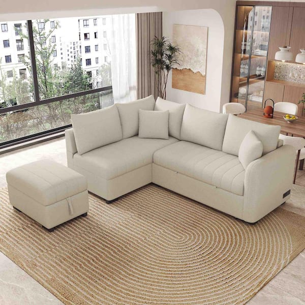 82.6 in. Square Arm Polyester L -Shaped Sofa with 2 USB Ports in Beige